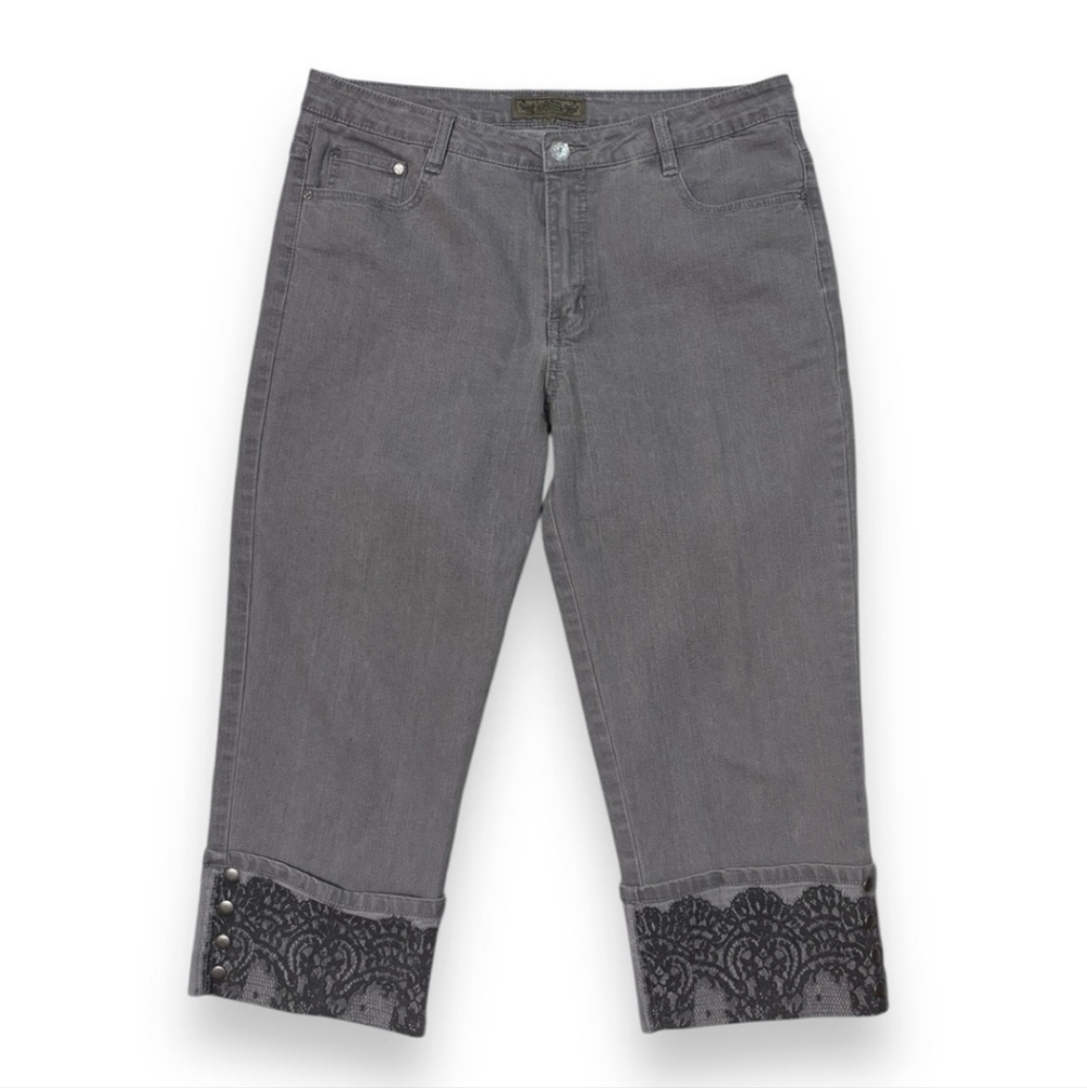 SEVENTEEN Grey Cropped High Waist Denim Jeans with Lace Rivet Detail Cuf…
